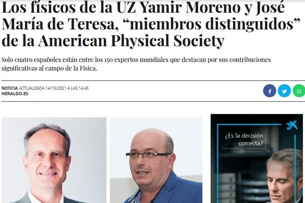 LMA researcher José María De Teresa named “Fellow” of the American Physical Society